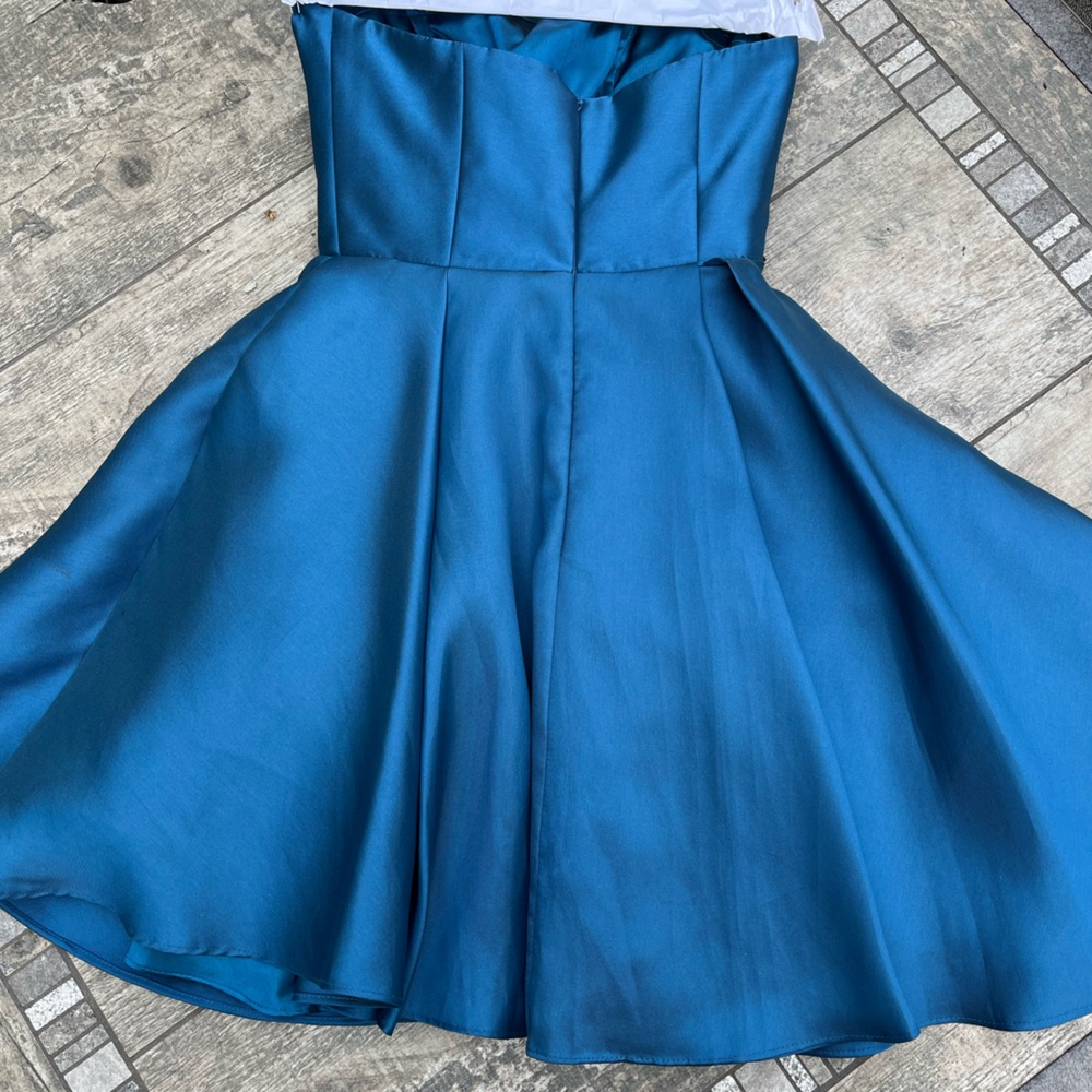 Alyce Paris Strapless Dress Size 6 Peacock Blue Style 3700 Satin Fit & Flare - Picture 3 of 11